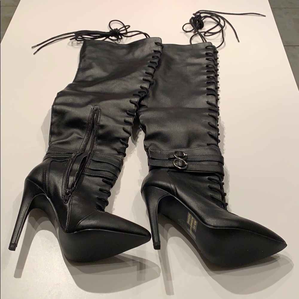 Qupid Virtue Black Polyurethane Lace-Up Heels
